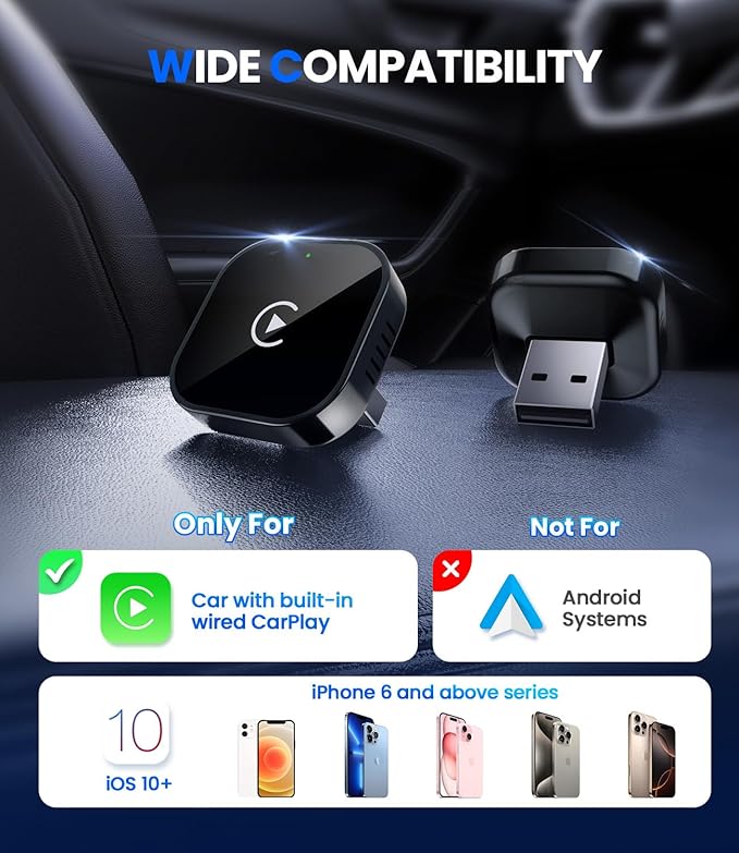 Teeran Wireless CarPlay Adapter for iPhone (2026 Upgraded), Mini Plug & Play for Cars with Factory Wired Apple CarPlay, Fast & Stable Connection, Easy Setup, Wide Vehicle Compatibility (Black)