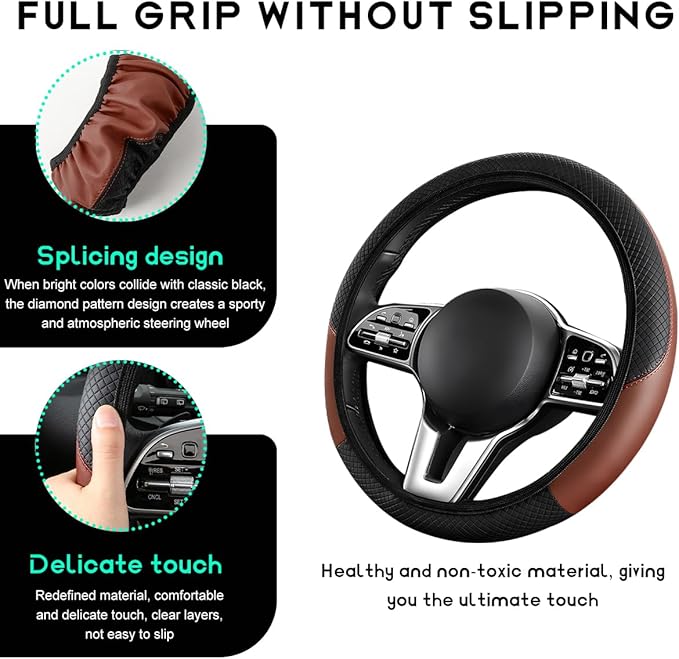 Car Steering Wheel Cover, 15 inch Carbon Fiber Microfiber Leather Elastic Steering Wheel Protector, Breathable Anti-Slip Comfortable Steering Wheel Covers for Most Cars (Black&Khaki, AD)
