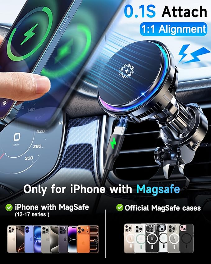 Upgraded TEC and Fan Phone Cooling Magnetic Wireless Car Charger, for MagSafe Car Charger Mount, RGB, Air Vent 15W Fast Charging Car Phone Holder for iPhone 17 16 15 14 13 12 Pro Max Air, for Samsung
