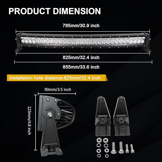 AUXTINGS 32 inch 180W Curved Double Row LED Light Bar Work Light Spot Flood Beam with Wiring Harness kit Switch for Trucks Tractor 4X4 Jeep Boat Off Road Auto Fog Driving Lamp 12V 24V Waterproof IP67