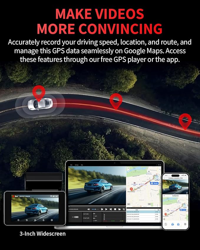 Dash Cam Front and Rear, 4K Full HD Dual Dash Camera for Cars, Built-in Memory Card Monitoring, 64GB Card, 5G WiFi GPS, Car Camera with 3" IPS Screen, 2160P Night Vision, 24H Parking Monitor