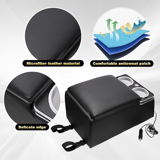 Sporacingrts Center Console Armrest Organizer with LED Light, USB Port, Cup Holders, Armrest, Padded Top Lid - Ideal for Business Upgrade Center Console Organizerand