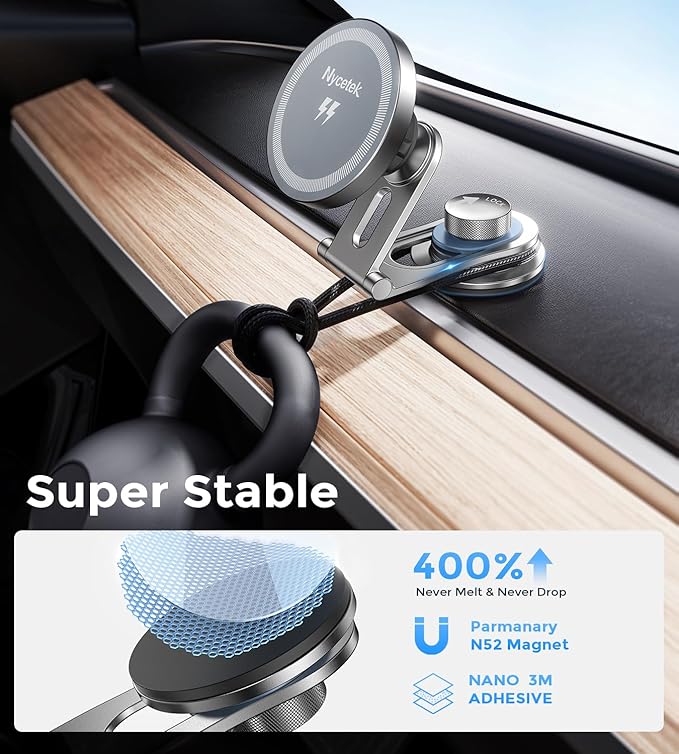 Nycetek 15W Tesla Phone Mount Charger, Tesla Phone Holder Model Y Model 3, Screen & Dashboard [Strongest Magnet Power] Magnetic Tesla Model Y 3 2025 Accessories for All Phone