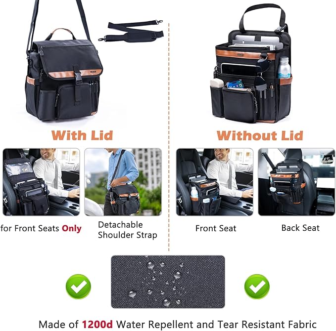 Car Seat Organizer with Lid and Laptop Compartment (Fits 15.6"), Front Seat Passenger Organizer with Adjustable Strap, Multiple Pockets, Portable Office Bag, Water-Resistant 1200D Polyester