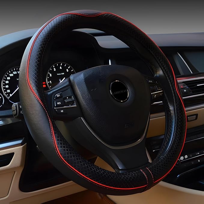 LABBYWAY Microfiber Leather Steering Wheel Cover, Universal 14.5-15 Inch,Anti Slip,Heavy Duty, Thick,Soft,Breathable Car Interior Accessories for Men Women (Black with Red line)