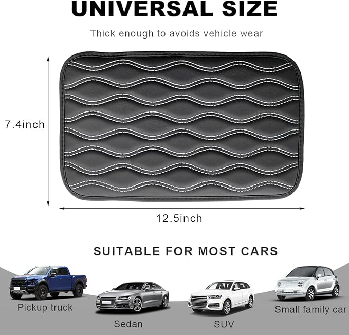 Car Center Console Cushion Pad, 12.48×7.40 Inches Waterproof Car Armrest Seat Box Cover, Comfortable PU Leather Vehicle Armrest Cover Protector, Car Decor Interior Accessories (Black＋White)