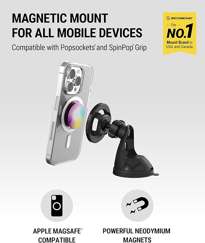 Scosche SMS2WD MagicMount MagSafe Suction Cup Phone Mount for Car Windshield/Dashboard Cell Phone Holder Compatible with Popsocket, Magnetic Stand Compatible with iPhone 17/16/15/14/13/12 & Android