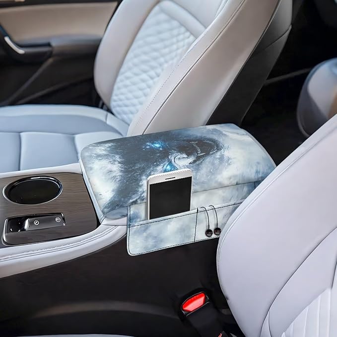 Universal Center Console Armrest Wolf Print Soft Armrest Pad Protective Cover Fit for Most Vehicle,SUV,Truck Car Accessories for Women Men