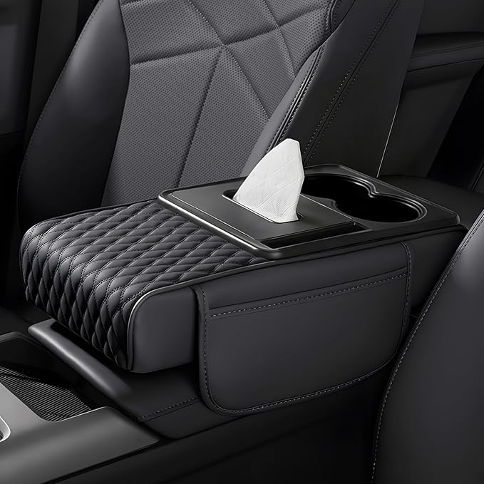 Car Center Console Cover, Upgraded Leather 5 in 1 Arm Rest Cover for Car with Cups Holder Storage Bags Tissue Box, Universal Interior Armrest Cushion for Almost Accessories Vehicles