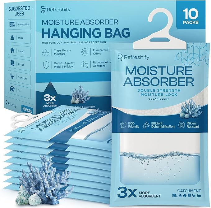 Moisture Absorbers and Humidity Absorber Bags for Closet - 10 Pack High-Efficiency Moisture Absorber and Humidity Packs for Home, Moisture Bags and Dehumidifier Bags for Car Ocean Scent, 10 Pack