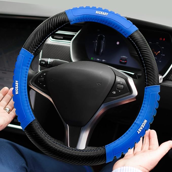 Sport Style Black Carbon-Fiber Steering Wheel Cover with Blue Strip Grip Steering Wheel Accessory,Universal Fit 14.5-15.25 inch Steering Wheel