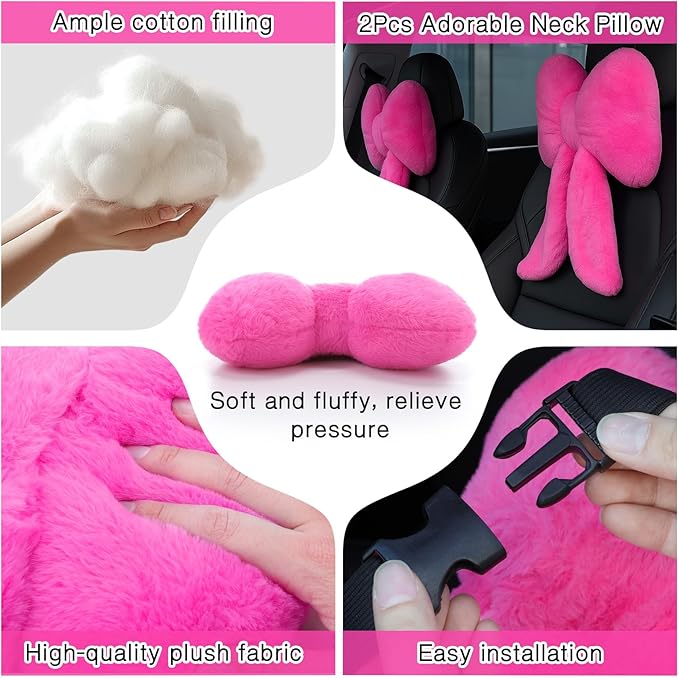 Macarrie 2 Pcs Car Neck Pillow Plush Butterfly Bow Car Headrest Pillow Comfortable Seat Neck Support Cute Head Rest Accessories for Driving Travel Driver Chair Girl Style Interior Decor (Rose Red)