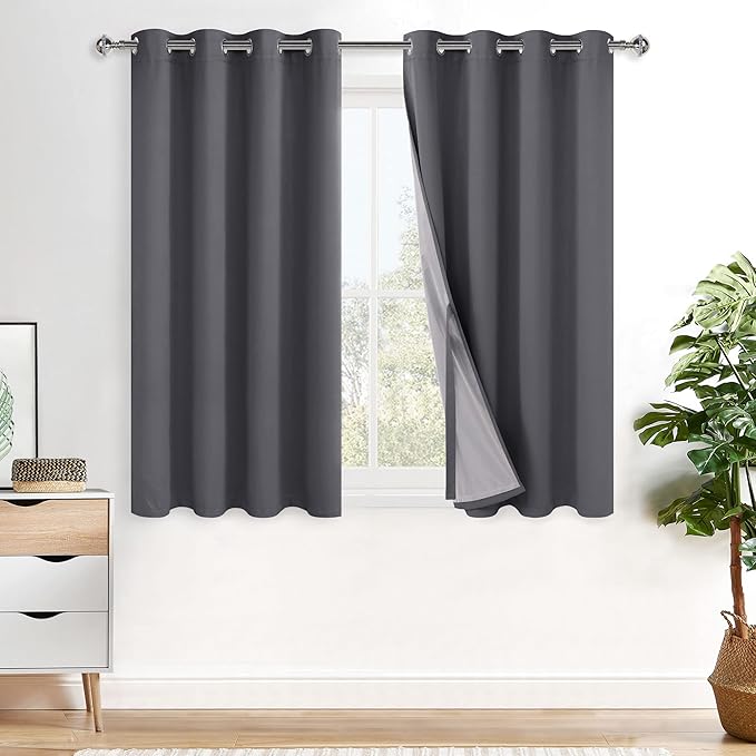 XWZO 100% Blackout Curtains 54 Inches Long with Tiebacks- Privacy Protection & Noise Blocking Window Draperies Grommet Top with Black Liner for Bedroom/Living Room, Dark Grey, W52 x L54, Set of 2