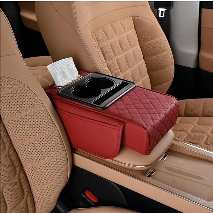 Car Armrest Cushion for Mercedes Benz E-Class W211 2001-2005 2006 2007 2008 2009, Car Center Console Cover Armrest Pad with Cup Holder and Tissue Box, Car Accessories,Red