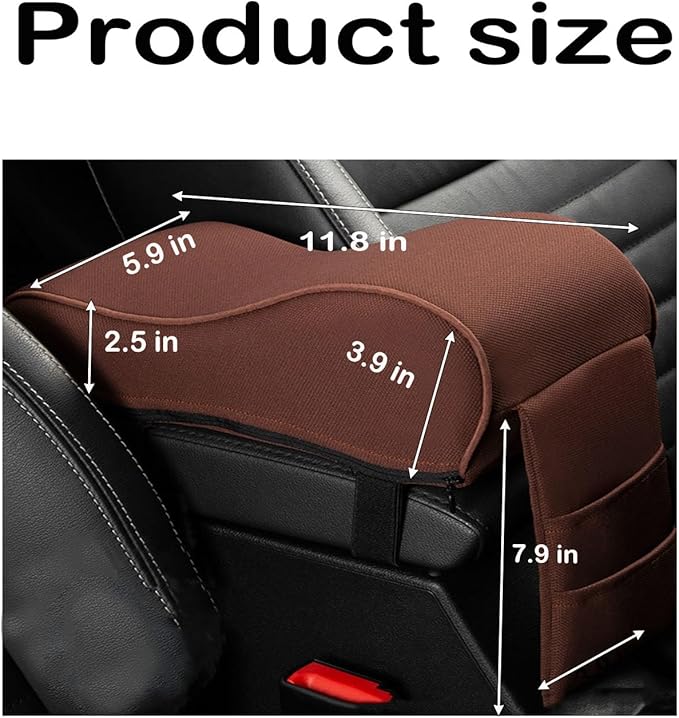 Auto Center Console Armrest Pillow, Memory Foam Car Armrest Cushion with Phone Holder Storage Bag Universal Fit for Most Car (Brown)