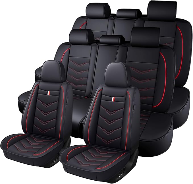Car Seat Cover 8 Seats for Hyundai Palisade 2020-2025, Durable Wear Resistant Waterproof Sport Seat Cover, Breathable No Odor Premium Leather Vehicle Seat Covers.(Standard,Black Red)