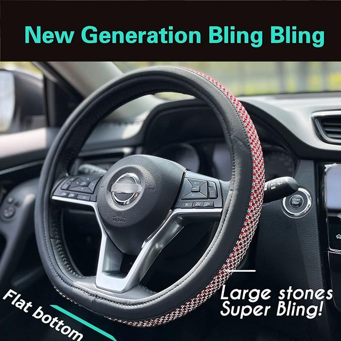 PINCTROT D Shaped Bling Comfy Steering Wheel Cover with Jumbo Crystal Rhinestones, Anti-Slip Diamond Leather, Flat Bottom 14.5-15 Inch (Red)
