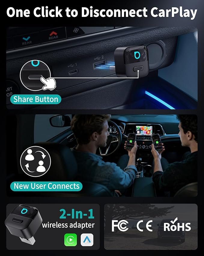 OTTOCAST Mini Pico (2026 Version) Wireless 2-in-1 CarPlay & Android Auto Adapter, Plug & Play Dongle for iPhone & Android, Auto Connect, One-Tap Disconnect,Wi-Fi 6 & Bluetooth 5.4 for Low-Latency