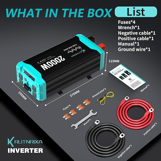 2000W Pure Sine Wave Inverter Peak 4000w 12V DC to 120V AC for RV, Truck, Off-Grid, Home, Solar Car Power Inverter with Dual AC Hardwire Port, 50A Socket, 5V 2.1A USB