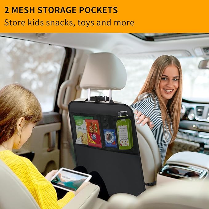 2 Pack Kick Mat Backseat Protector,Back Seat Cover for Kids,Car Seat Back Protectors with 2 Pocket Storage Organizer for Car, SUV, Minivan or Truck Seats (Black)