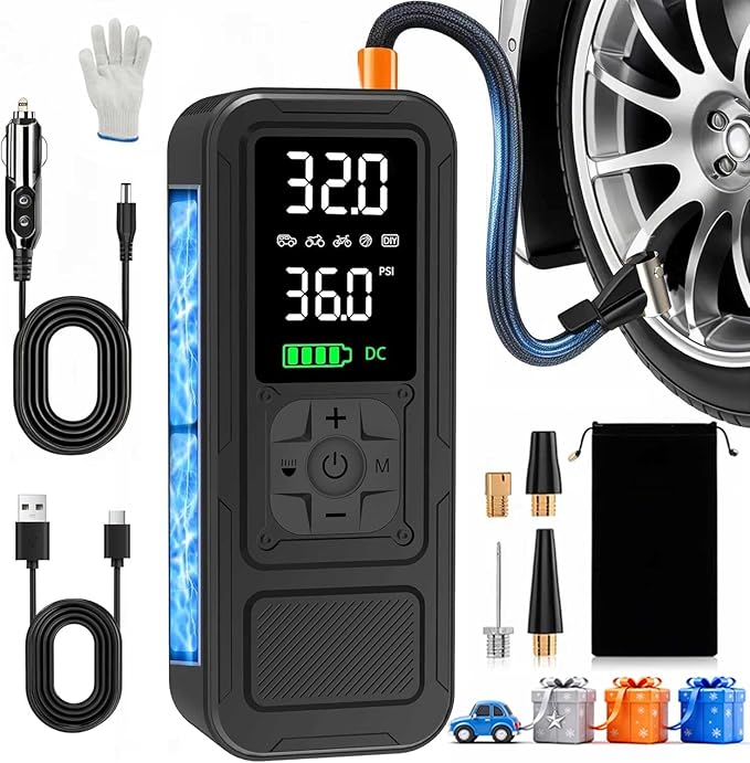 Y34 Tire Inflator Portable Air Compressor,4X Faster Inflation,6000mAh Cordless/12V DC 150PSI Air Pump with Digital Pressure Gauge for Car,Motorcycle,Bike,Ball Gifts for Men