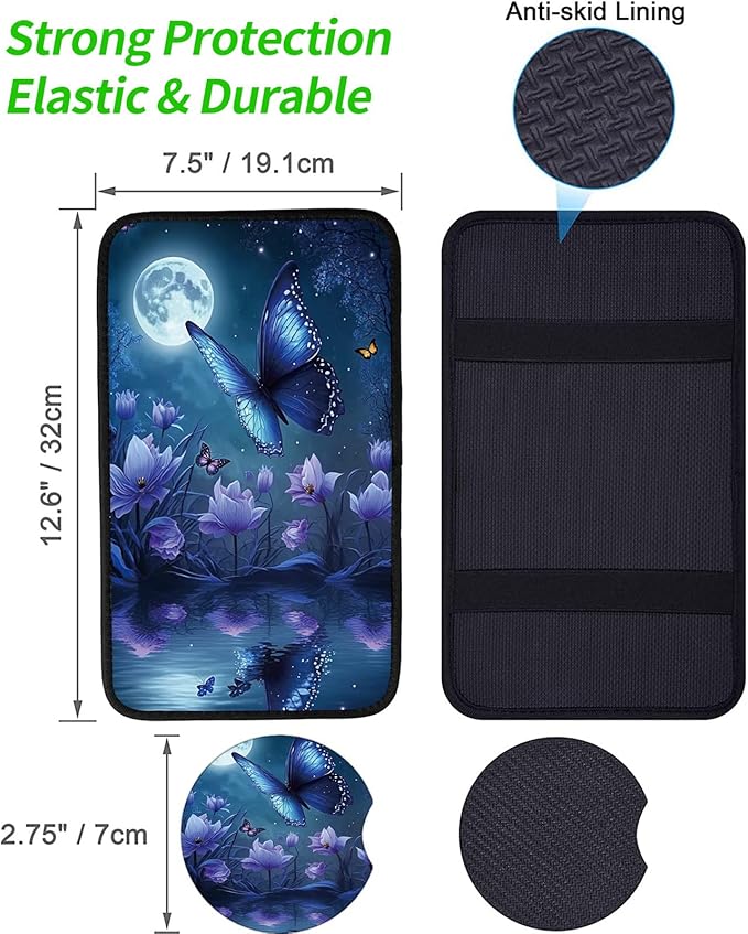 Car Armrest Cover Pads Universal Fashion Cute Auto Center Console Armrest Cover Pad with 2PCS Car Coasters Soft Waterproof Car Armrest Seat Protector for Women Girls, Blue Butterfly
