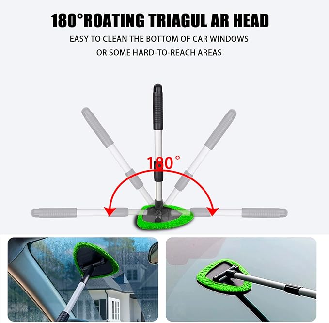 Windshield Cleaner Tool - Portable Car Interior Window Cleaning Kit with Extendable Handle, 4 Microfiber Towel Pads, Auto Glass Wiper for Windshield, Universal for RV, SUV, Truck (Green)