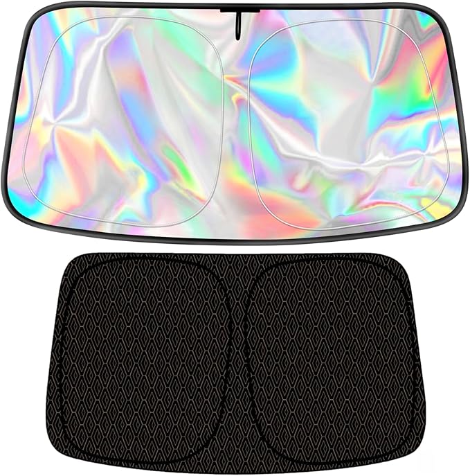 Foldable Sun Shade for Car Windshield Sunshade with Memory Steel Ring (Iridescent, L(58 * 31Inch)
