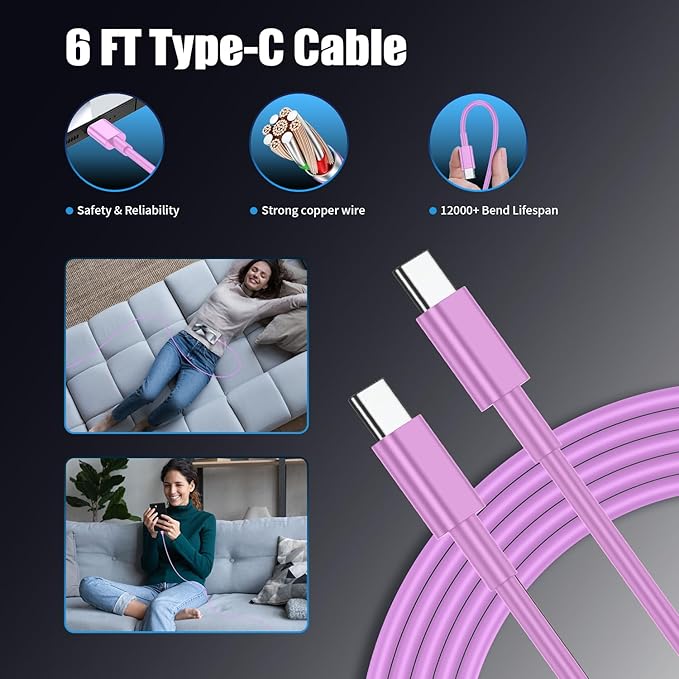 3Pack USB C Charger for Samsung Galaxy S24 Ultra, Super Quite Fast Charging Type C Block with 6FT C to C Cord for Samsung Galaxy Tab S9 S8 S23 Ultra S22 Ultra S23 S22 S21 Note 10 Plus 20,Purple