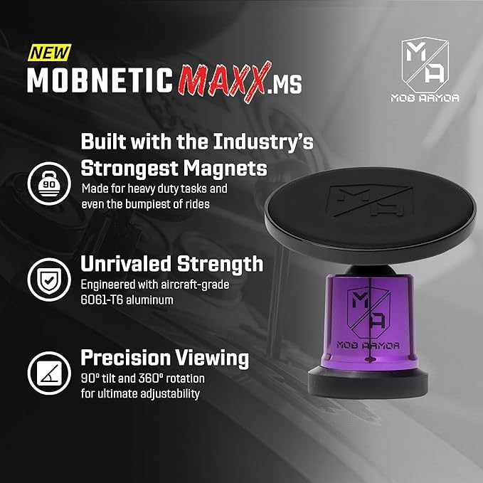 Mob Armor MobNetic Maxx MS - MagSafe Compatible Car Phone Mount w/ 90º Tilt, 360º Rotation & Durable Aluminum Build, Magnetic Holder for iPhone & Android Devices, USA Assembled - Purple Chrome