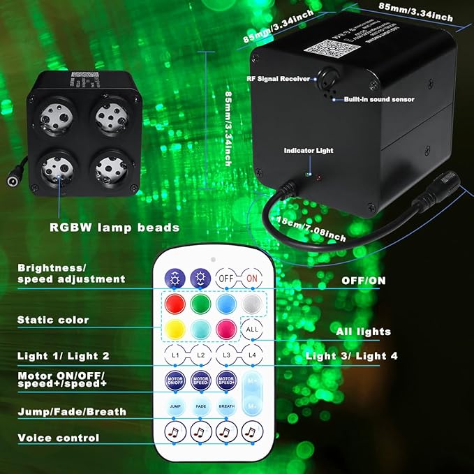 AMKI 4 Color 36W Twinkle Sound Mode RGBW 4 Ports Light Source Engine Driver Remote/APP Control Starlight Box Motor for Fiber Optic Star Ceiling Light Kit