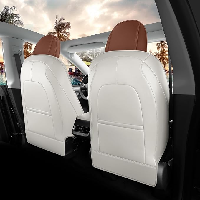 Leather Car Seat Cover for Tesla Model Y 2020 2021 2022 2023 2024 Customized Fit Front and Rear Seat Covers (Beige+Brown-Model Y)