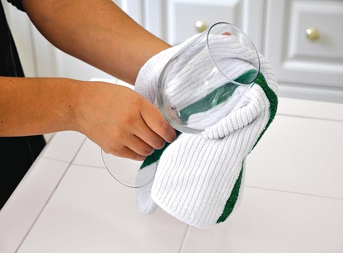 Nouvelle Legende Ribbed Microfiber Bar Mop Towels, Super Absorbent, Cleaning & Drying Cloths, Lint-Free, Streak-Free for Kitchen, Home & Auto, 14x18 Inch, 12-Pack, Green Stripe