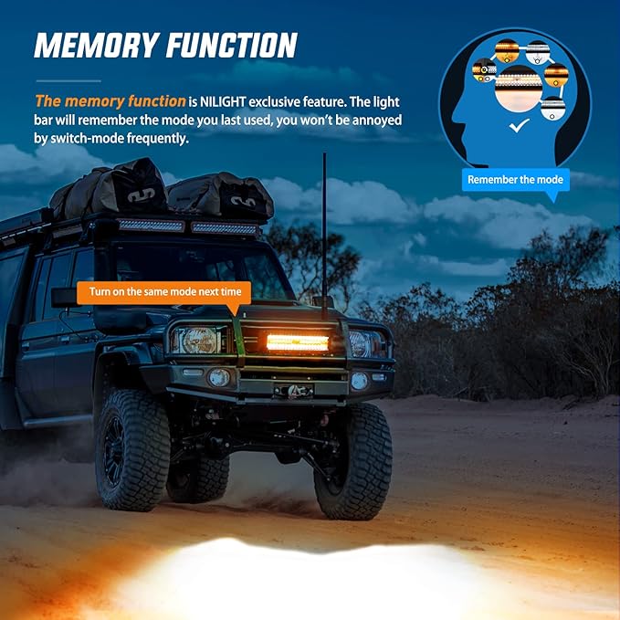 Nilight 12Inch 300W LED Light Bar Spot Flood Amber White Strobe 6 Modes with Memory Function Off-Road Truck Car ATV SUV Cabin Boat with 16AWG Wiring Harness Kit-1 Lead