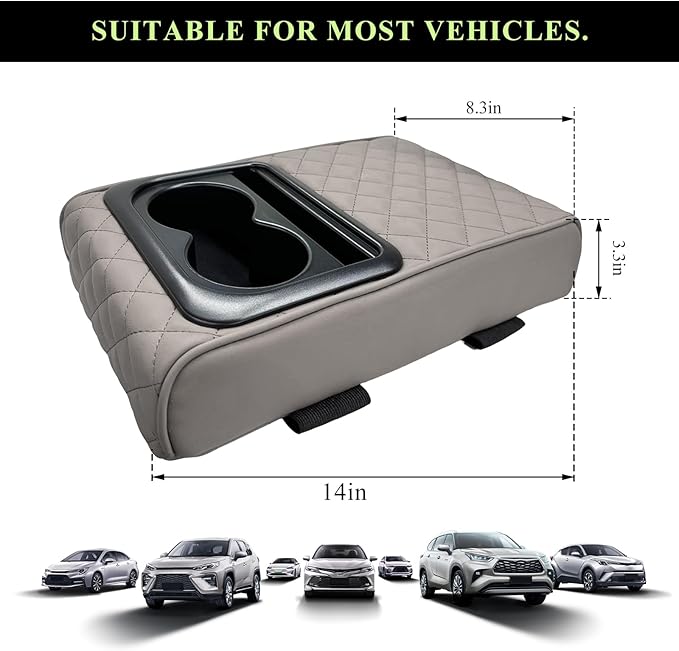 Car Center Console Armrest Pillow, Leather Auto Arm Rest Cover Protector with Cup Holder and Phone Holder, Memory Foam Armrest Cushion for Most Vehicles (Gray, Diamond Pattern)