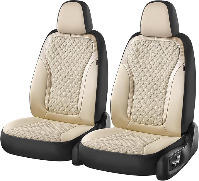 Coverado Front Seat Covers, 2-Pack Luxury Leather Car Seat Cover with Carbon Fiber Weave, Waterproof Car Seat Protectors, Spill-Proof Car Seat Cushion, Beige Seat Covers Universal Fit for Most Cars