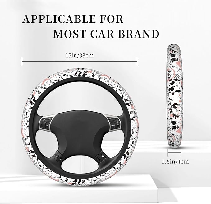 Black and White Cat Steering Wheel Cover Women Men Pink Elastic Stretch Soft Car Wheel Protector Universal Breathable No-Slip Car Accessories for Truck Van SUV Auto Fit 14-15 Inches