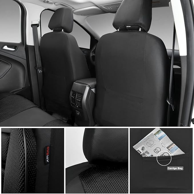 CAR PASS Breatherable Air Mesh Car Seat Covers Full Set, 3D Foam Back Support Automotive Seat Covers, All Season Car Seat Cover Fit Automotive,SUV,Sedan,Van, Airbag Compatible (Black)