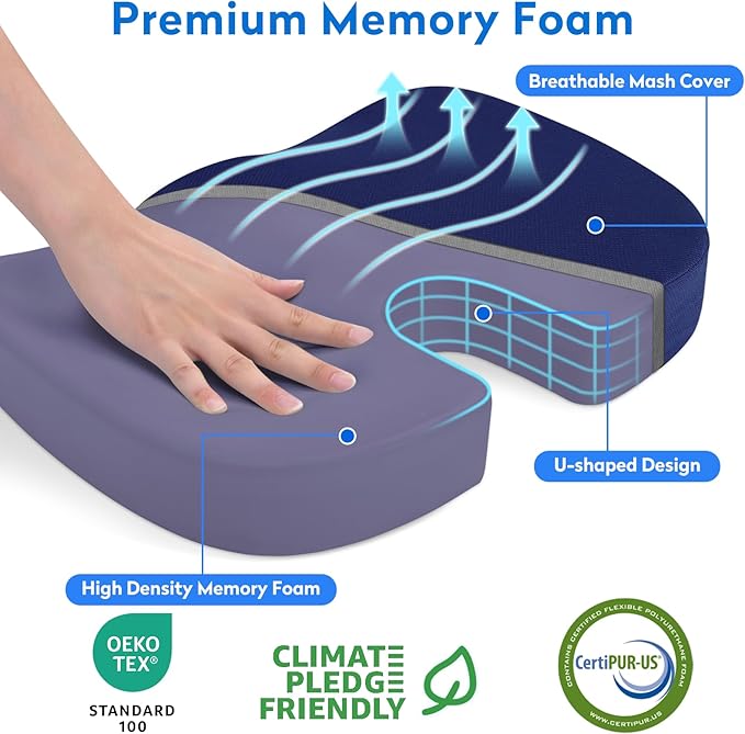 Seat Cushion, Office Chair Cushions, Car Seat Cushion, Non-Slip Sciatica & Back Coccyx Pain Relief Chair Pad, Memory Foam Pillow for Computer Desk, Wheelchair, Driving Large Size (Blue)