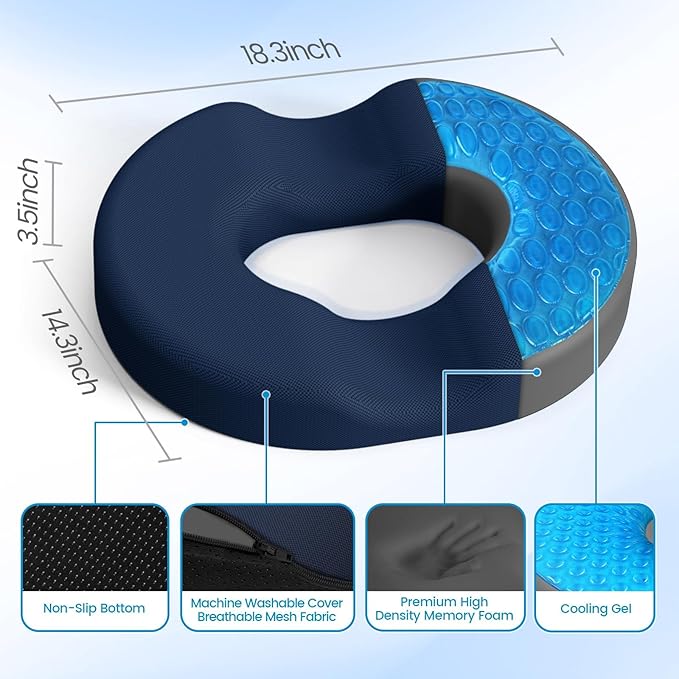 Donut Pillow Seat Cushion - Cooling Gel Outdoor Chair Cushions, Memory Foam Seat Cushion for Office & Home, Car Seat and Patio Furniture Cushions, Hemorrhoids Pillow and Tailbone Pain Relief, Blue