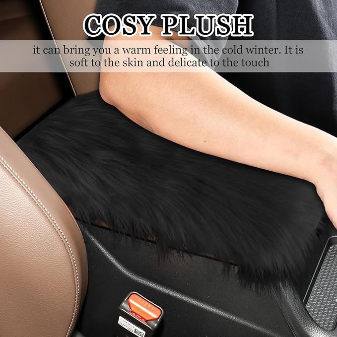 wuyaoyao Furry Car Armrest Cover, 12.1"×6.4" Soft Plush Car Center Console Cover, Winter Warm Fluffy Arm Rest Cover for Car, Auto Armrest Box Cover Protector, Universal Middle Console Pad (Black)