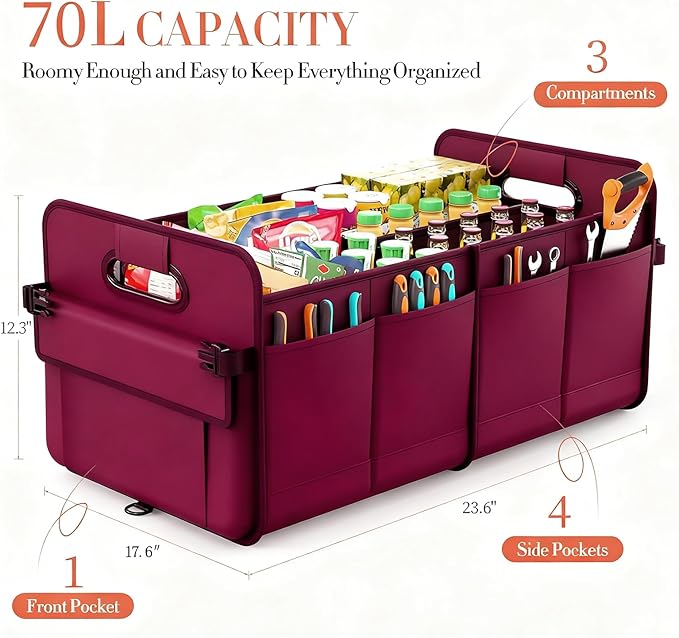 titiyiof Trunk Organizer SUV, Car Organizers and Storage, NOT-FLIMSY ANTI-SLIDE 70L Spacious Collapsible Sturdy Trunk Organizer for Grocery/Car Accessories/Women Men's Gift, Wine Red