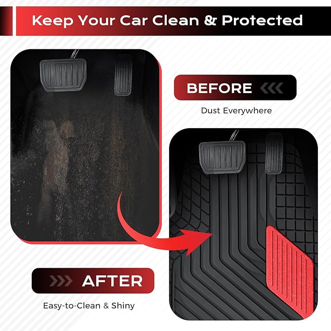 Coverado Red Rubber Car Floor Mats with Metallic Aluminum Film, Waterproof All Weather Protection, Universal Trim-to-Fit Automotive Mats for Cars SUVs Trucks, 4PCS Set