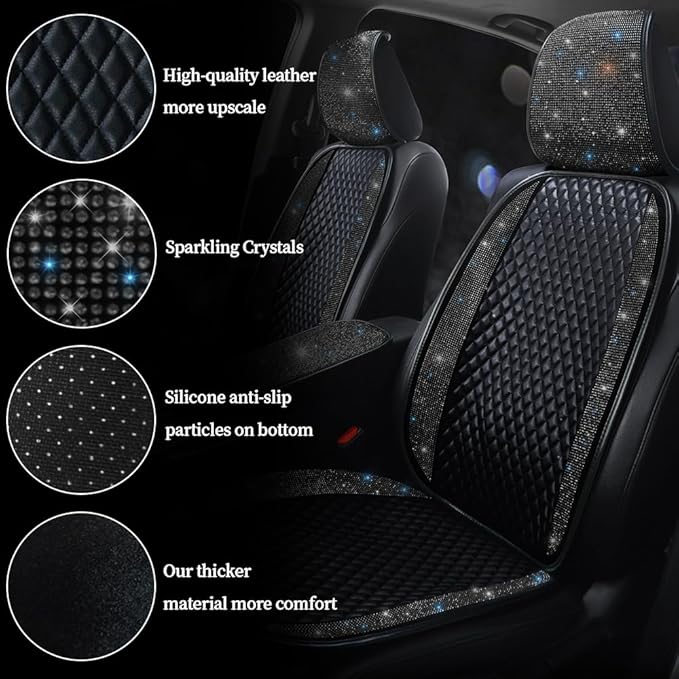 Luxury PU Leather Auto Seat Cover Protector Rhinestone Crystal Glitter Vehicles Front Seat Pad Mat Bling Bling Diamond Car Interior Accessories for Women, Lady - Universal Fit Black 2Seats
