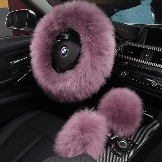 3Pcs Set Fashion Fluffy Fuzzy Wool Fur Soft Car Steering Wheel Cover with Handbrake Cover & Gear Shift Cover for Women/Girls/Ladies Auto Long Wool Accessories