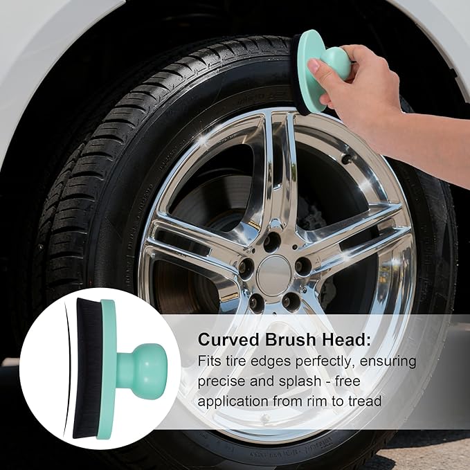 Yoseng Tire Shine Brush - Curved Brush Head & Large 3.8'' Tire Dressing Applicator with Storage Stand for Automotive Detailing, Car Enthusiasts, DIY Users,Vegan, Washable (Light Green)