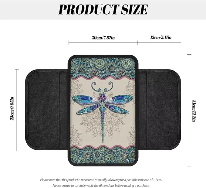 Boho Mandala Floral Dragonfly Pattern Center Console Covers for Cars Anti-Slip Car Armrest Cover Cushion Stretchy Auto Armrest Storage Box Mat Auto Center Console Cover Pad