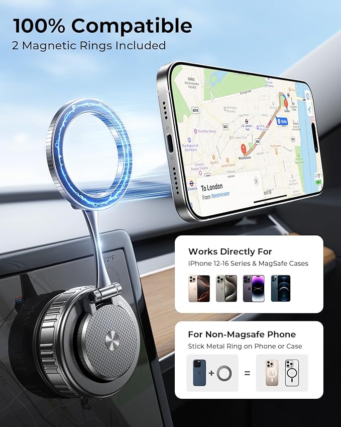 2026 Ultimate Vacuum Magnetic Car Phone Holder – 109+ LBS Super Strong Suction & 2800+ GF Magnetic Grip, 360° Rotation Dashboard/Windshield/Mirror Mount for iPhone 12–17&Samsung, Quick Lock, Black