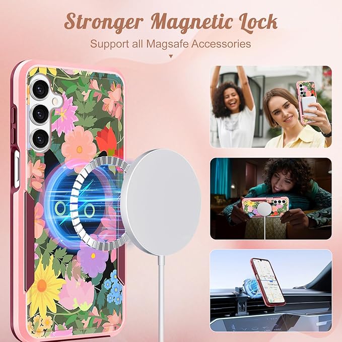 for Samsung Galaxy A16 5G Phone Case - Compatible with MagSafe Women Girls Cute Magnetic Protective Cover Kawaii Girly Cat Flower Floral Heavy Duty Shockproof Design for Samsung A16 5G Case