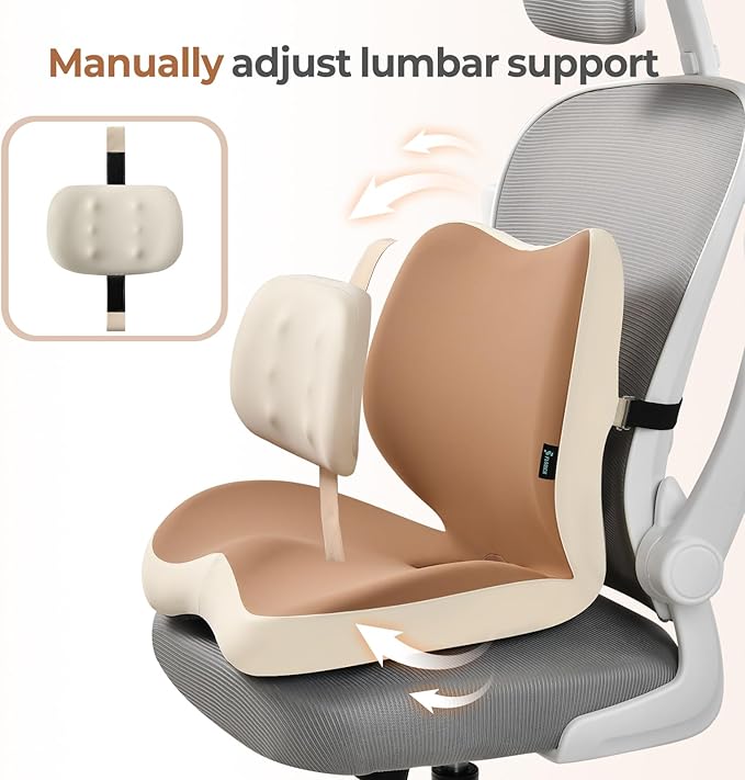 FLORICH 2 in1 Truck Seat Cushion and Lumbar Support Pillow Memory Foam Car Seat Cushion with Adjustable Strap for Truck Driver Long Drives, Fits Semi Truck Seat,Car,Office&Gaming Chair(Brown)